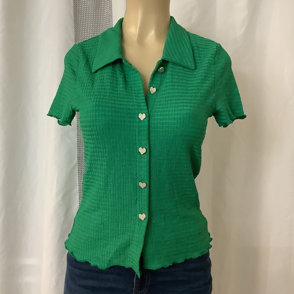 Small, Green, Button down, Short Sleeve Blouse. #SheinFrenchy.
